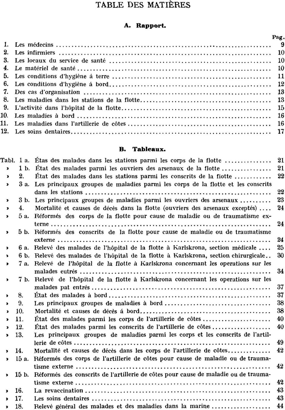 Les maladies dans l'artillerie de côtes 16 12. Les soins dentaires 17 B. Tableaux. Tabl. 1 a. Étas des malades dans les stations parmi les corps de la flotte 21 Tabl. 1 b.