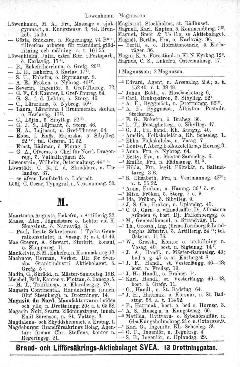 Karlaritning och målning; a. t. 101 55. vägen 36. Löwenhielm, Julia, extra Bitr. i Postsparb., Magni, K. A.. Förestånd.,n)G.N. Kyrkog. 12 r. Ö. Karlaväg. 17 II. Magnus, C. S., Enkefru, Ostermalmsg.