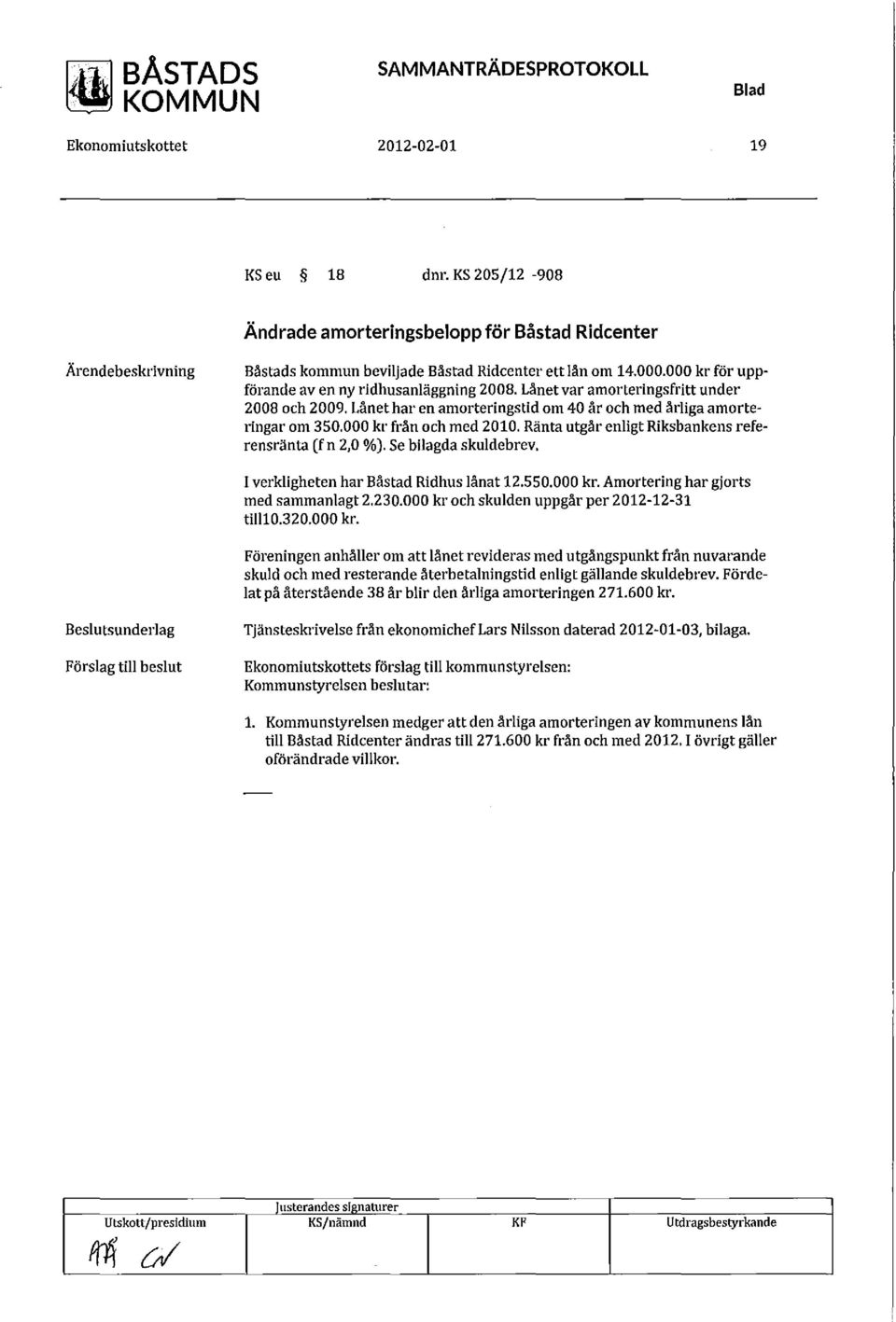 Ränta utgår enligt Riksbankens referensränta (fn 2,0 %). Se bilagda skuldebrev. I verkligheten har Båstad Ridhus lånat 12.550.000 kr. Amortering har gjorts med sammanlagt 2.230.