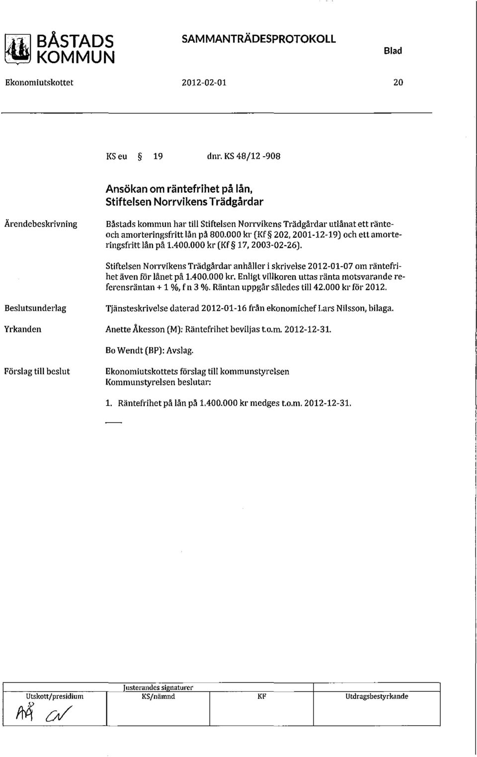 000 kr (Kf 202, 2001-12-19) och ett amorteringsfritt lån på 1.400.000 kr (Kf 17,2003-02-26). Stiftelsen Norrvikens Trädgårdar anhåller i skrivelse 2012-01-07 om räntefrihet även för lånet på 1.400.000 kr. Enligt villkoren uttas ränta motsvarande referensräntan + 1 %, fn 3 %.