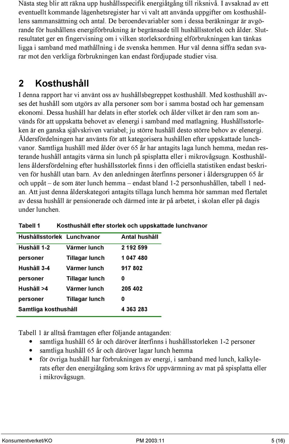 De beroendevariabler som i dessa beräkningar är avgörande för hushållens energiförbrukning är begränsade till hushållsstorlek och ålder.