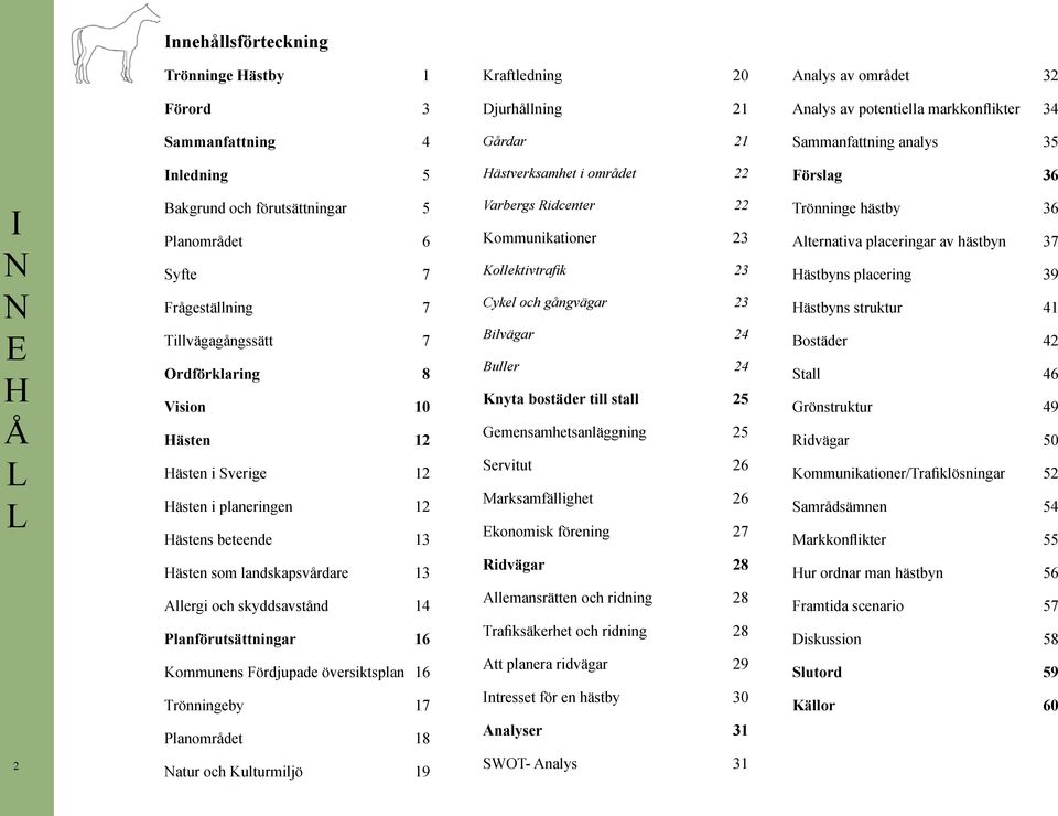 av hästbyn 37 Hästbyns placering 39 H Å Frågeställning 7 Tillvägagångssätt 7 Ordförklaring 8 Vision 10 Hästen 12 Cykel och gångvägar 23 Bilvägar 24 Buller 24 Knyta bostäder till stall 25