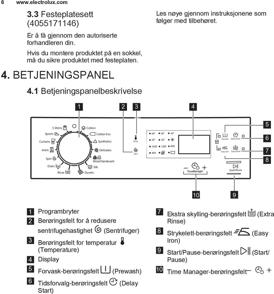 90 60 40 30 20 Prewash Delay Start 6 Jeans Spin Drain Rinse Delicates Wool/Handwash Silk Duvets Spin 1600 400 1200 800 Easy Iron Extra Rinse Start/Pause 7 8 10 9 1 Programbryter 2 Berøringsfelt for å