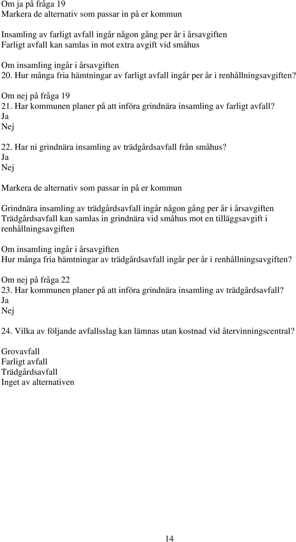 Har kommunen planer på att införa grindnära insamling av farligt avfall? 22. Har ni grindnära insamling av trädgårdsavfall från småhus?