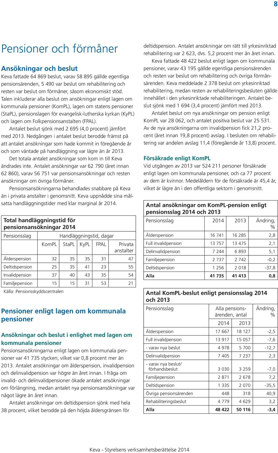 Talen inkluderar alla beslut om ansökningar enligt lagen om kommunala pensioner (KomPL), lagen om statens pensioner (StaPL), pensionslagen för evangelisk-lutherska kyrkan (KyPL) och lagen om