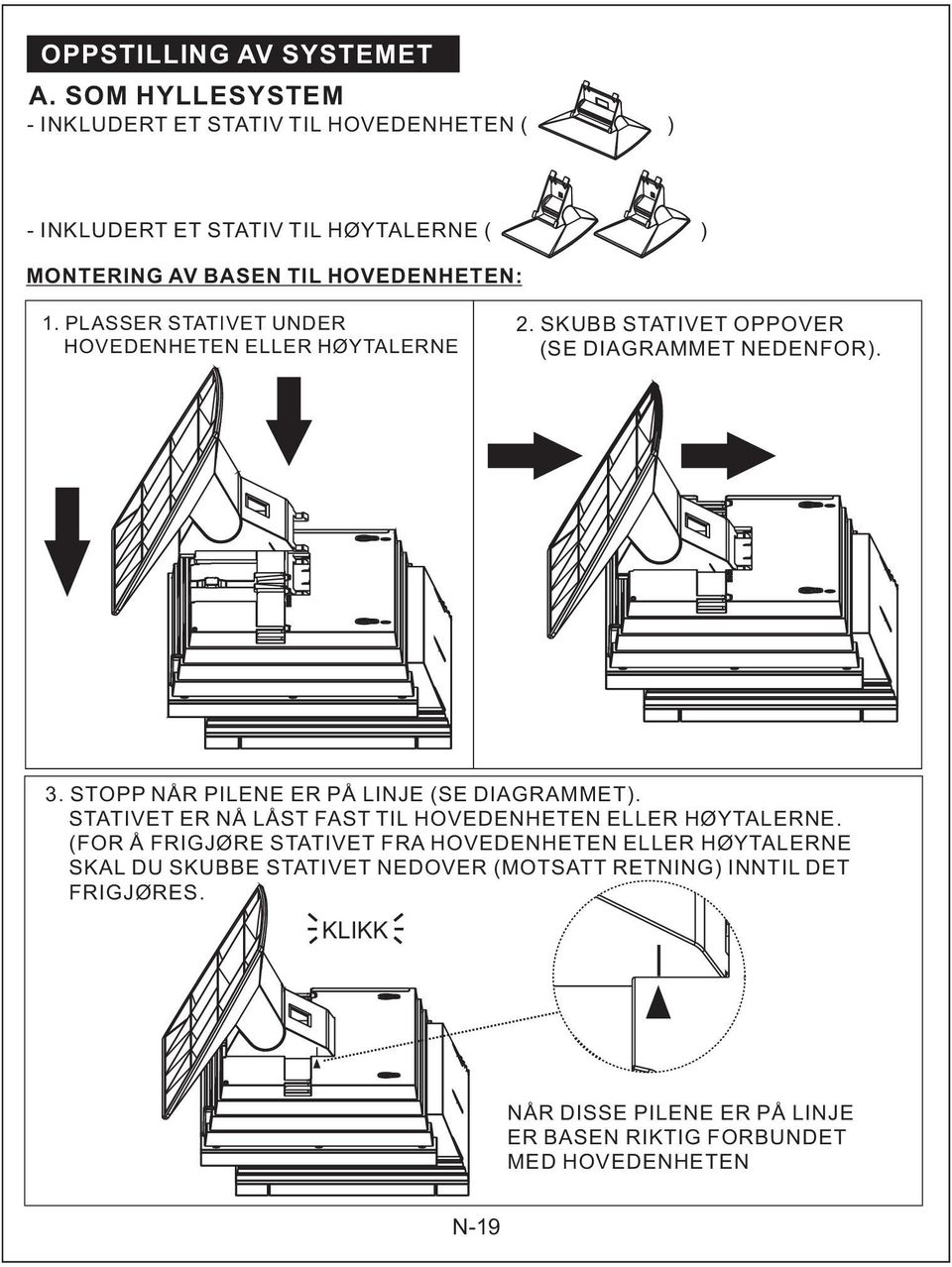 PLASSER STATIVET UNDER HOVEDENHETEN ELLER HØYTALERNE 2. SKUBB STATIVET OPPOVER (SE DIAGRAMMET NEDENFOR). 3.