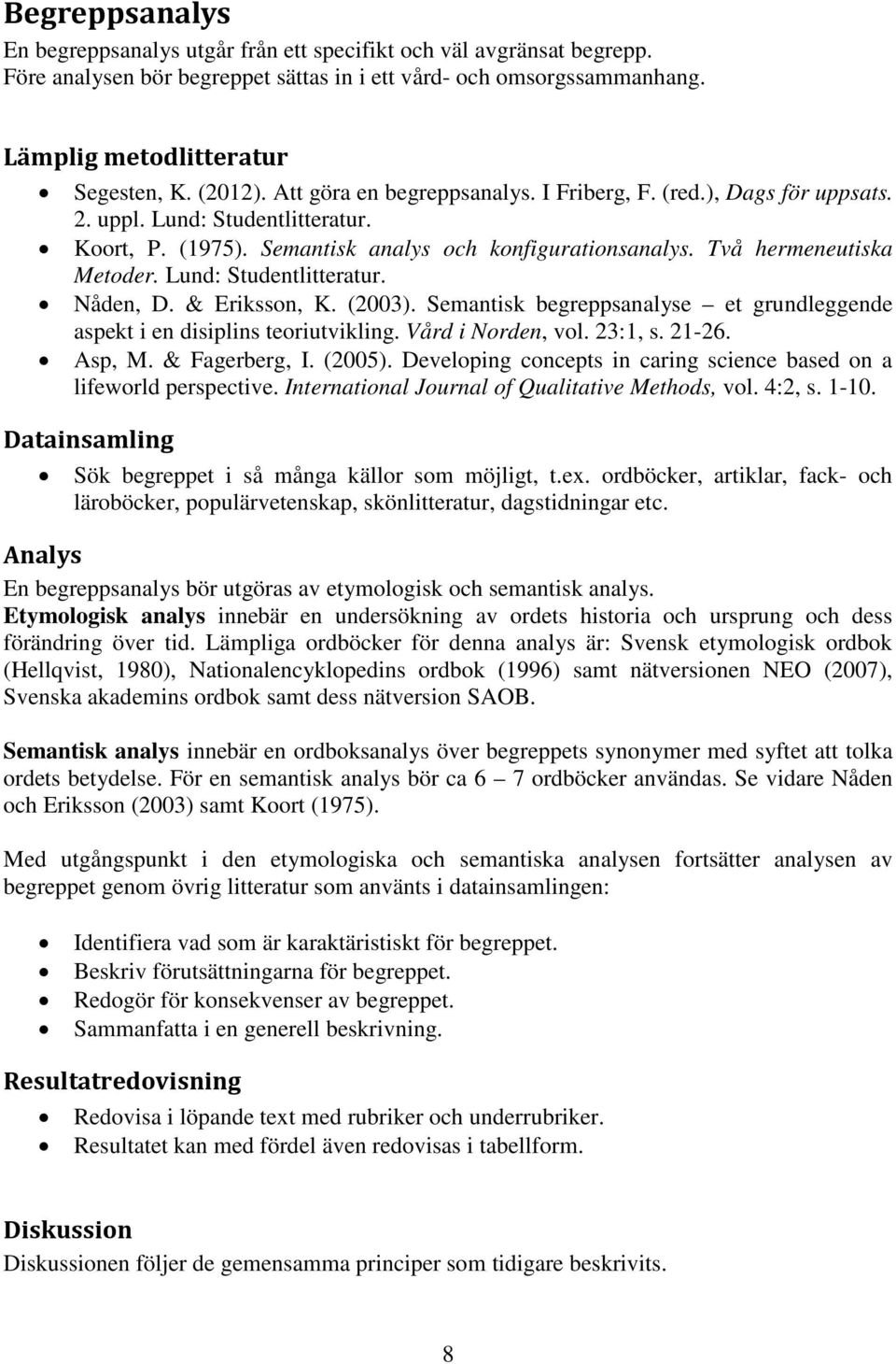 Lund: Studentlitteratur. Nåden, D. & Eriksson, K. (2003). Semantisk begreppsanalyse et grundleggende aspekt i en disiplins teoriutvikling. Vård i Norden, vol. 23:1, s. 21-26. Asp, M. & Fagerberg, I.