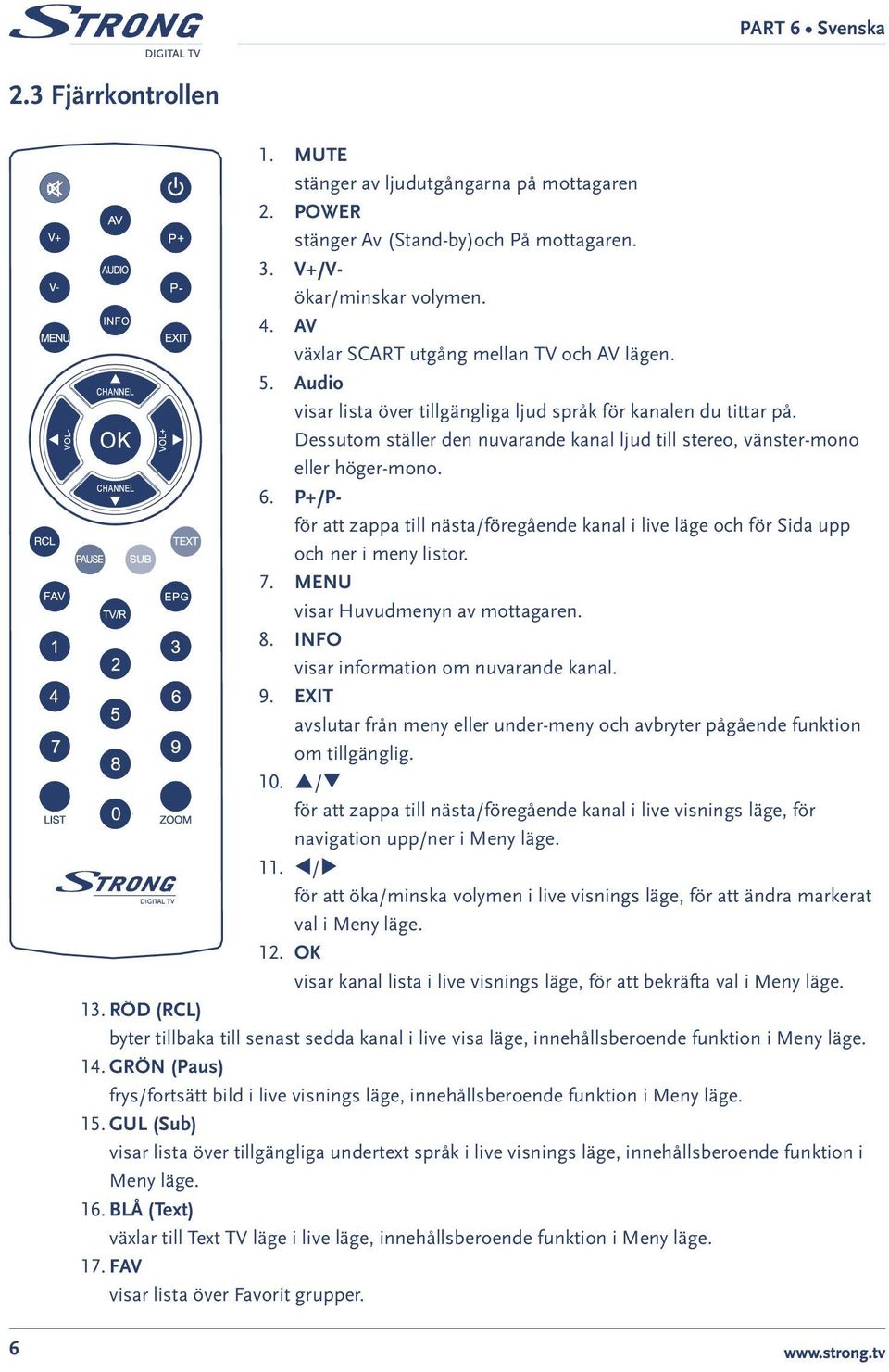 P+/Pför att zappa till nästa/föregående kanal i live läge och för Sida upp och ner i meny listor. 7. MENU visar Huvudmenyn av mottagaren. 8. INFO visar information om nuvarande kanal. 9.