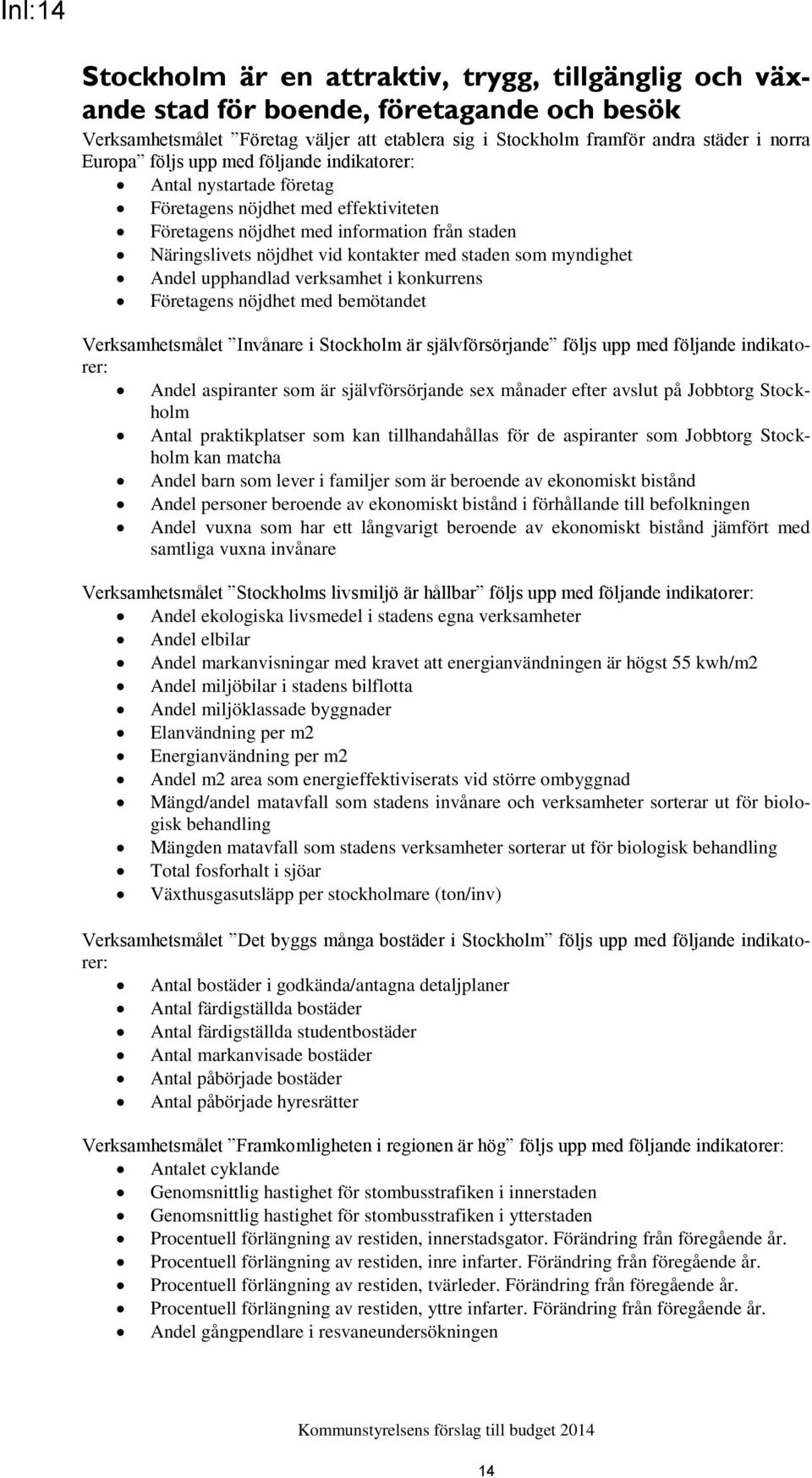 som myndighet Andel upphandlad verksamhet i konkurrens Företagens nöjdhet med bemötandet Verksamhetsmålet Invånare i Stockholm är självförsörjande följs upp med följande indikatorer: Andel aspiranter