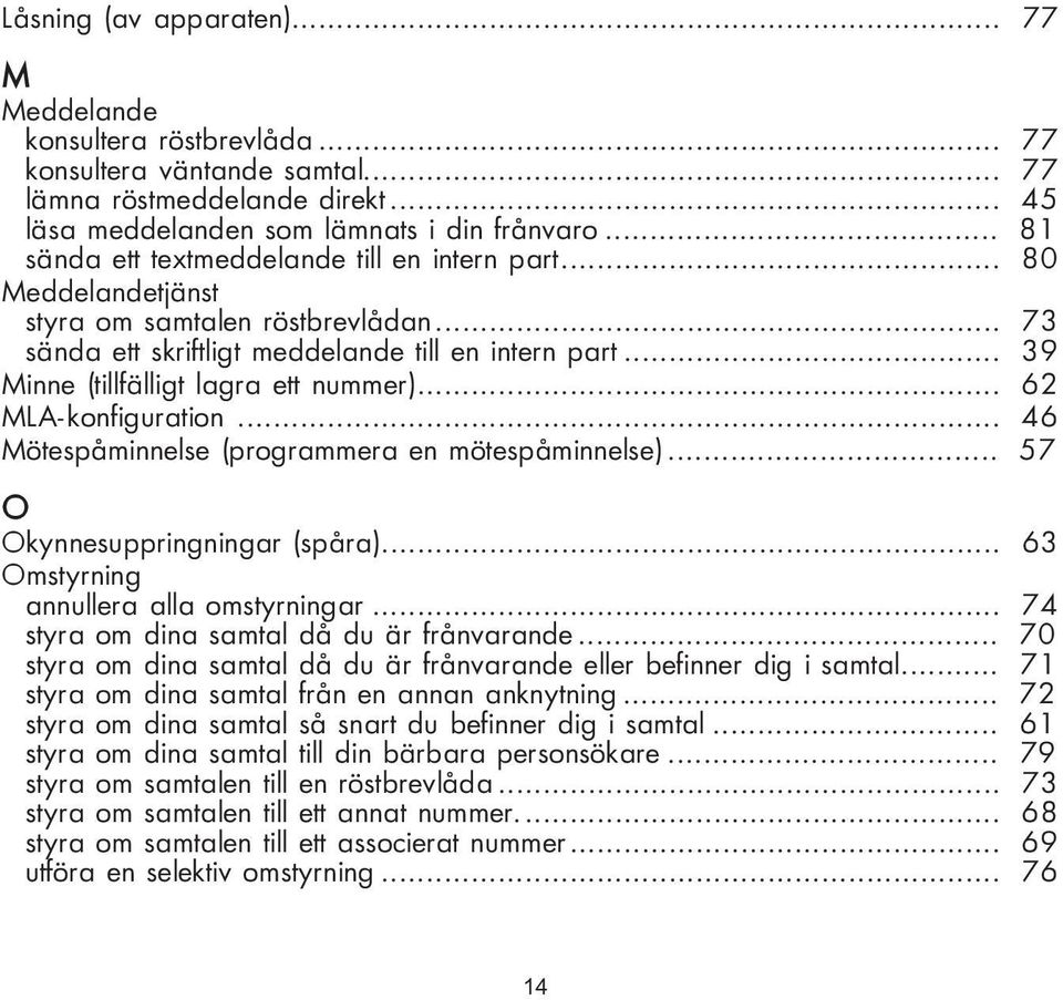 .. 39 Minne (tillfälligt lagra ett nummer)... 62 MLA-konfiguration... 46 Mötespåminnelse (programmera en mötespåminnelse)... 57 O Okynnesuppringningar (spåra).