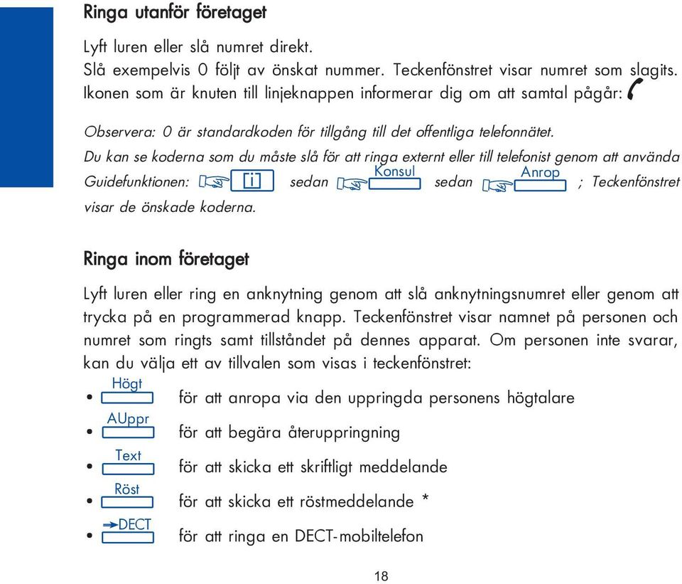 Du kan se koderna som du måste slå för att ringa externt eller till telefonist genom att använda Konsul Anrop Guidefunktionen: i sedan sedan ; Teckenfönstret visar de önskade koderna.