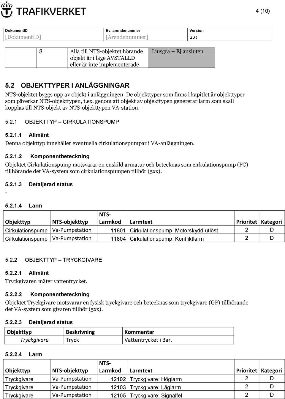 1 OBJEKTTYP CIRKULATIONSPUMP 5.2.1.1 Allmänt Denna objekttyp innehåller eventuella cirkulationspumpar i VAanläggningen. 5.2.1.2 Komponentbeteckning Objektet Cirkulationspump motsvarar en enskild armatur och betecknas som cirkulationspump (PC) tillhörande det VAsystem som cirkulationspumpen tillhör (5xx).