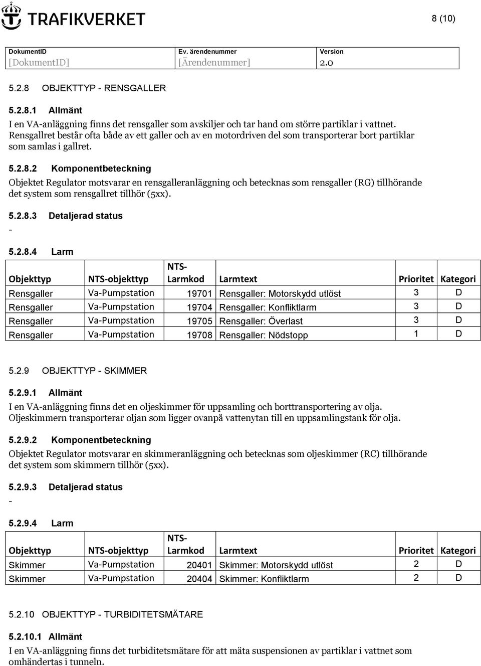 2 Komponentbeteckning Objektet Regulator motsvarar en rensgalleranläggning och betecknas som rensgaller (RG) tillhörande det system som rensgallret tillhör (5xx). 5.2.8.