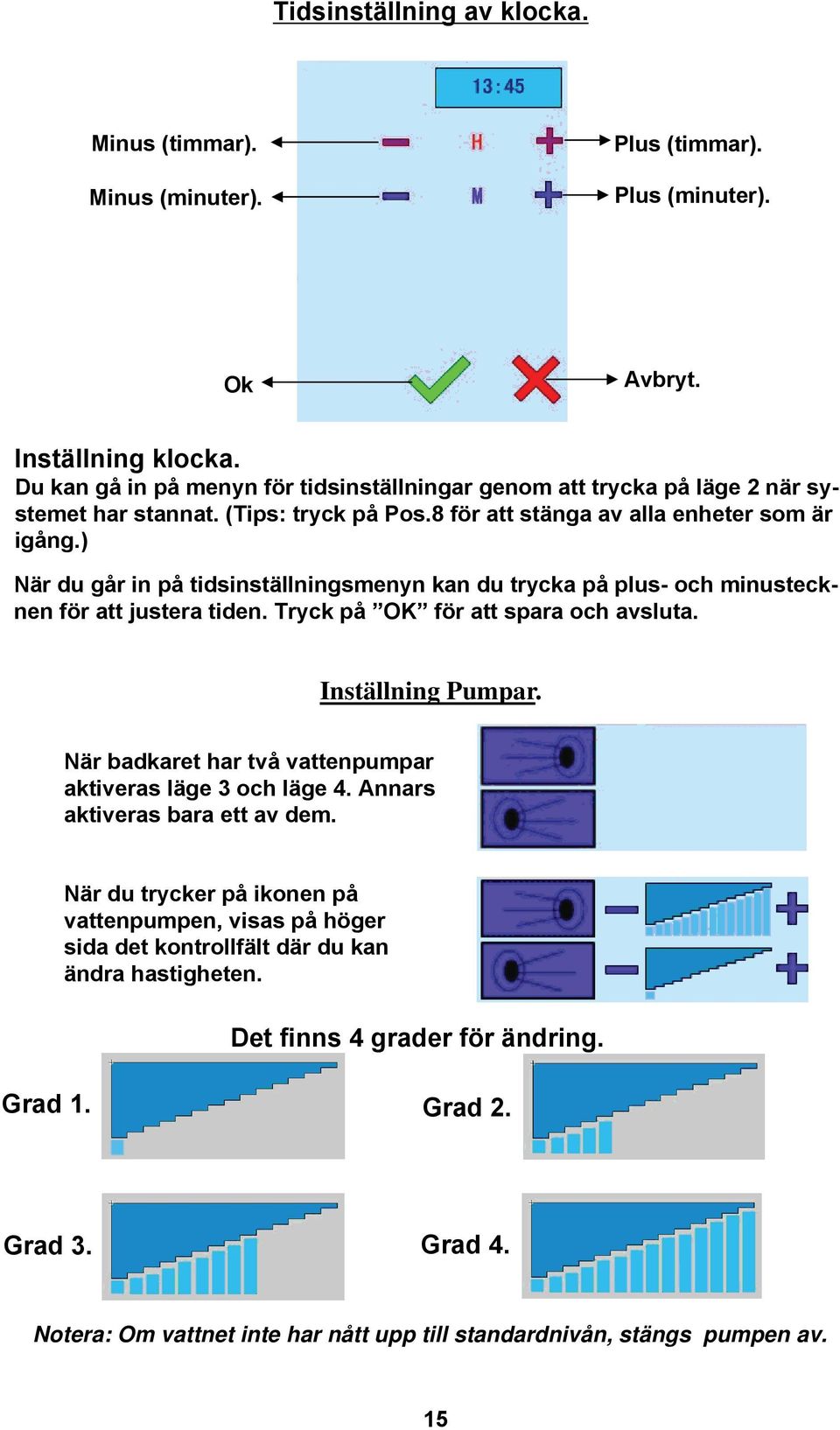 ) När du går in på tidsinställningsmenyn kan du trycka på plus- och minustecknen för att justera tiden. Tryck på OK för att spara och avsluta. Inställning Pumpar.