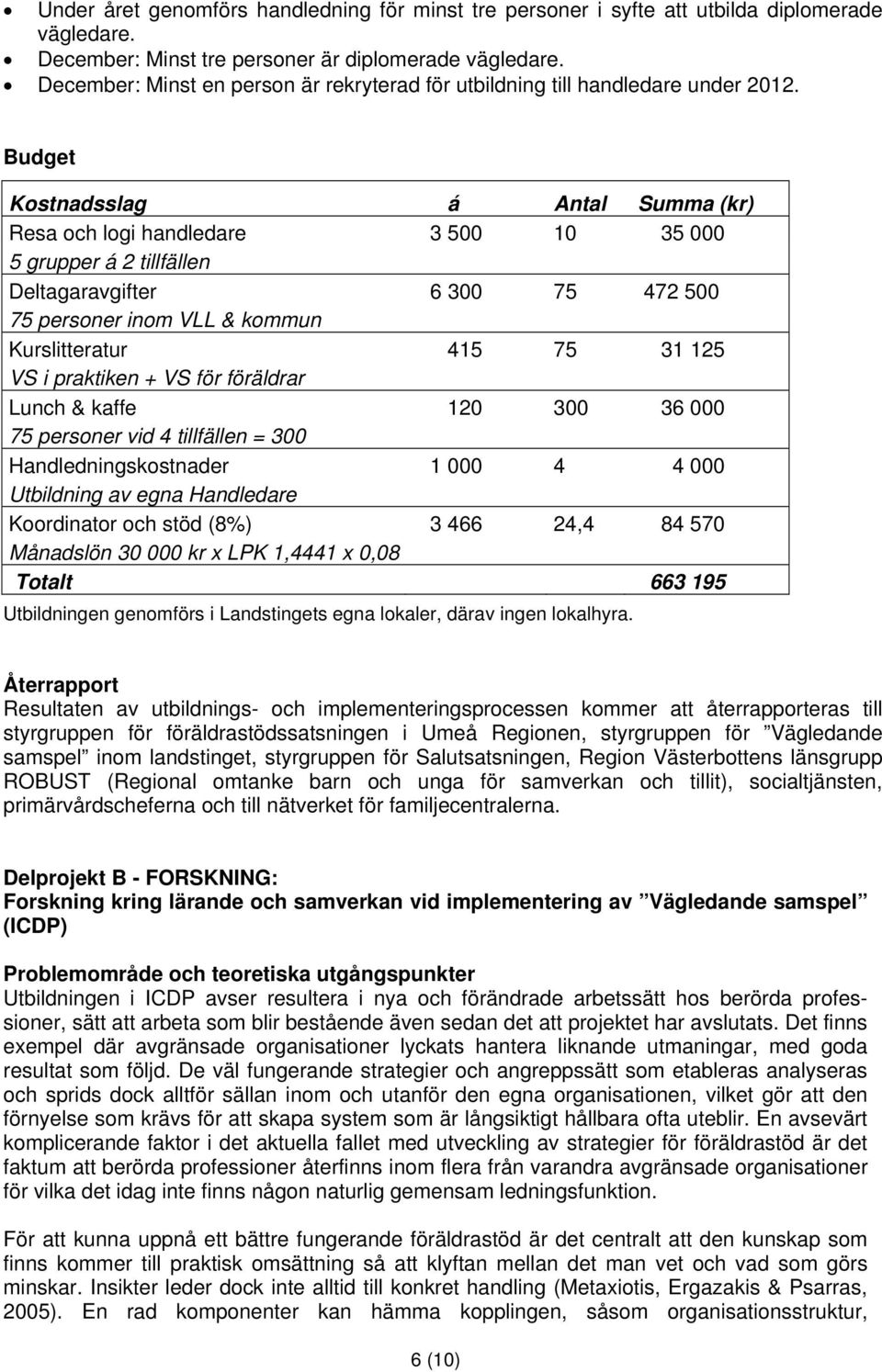 Budget Kostnadsslag á Antal Summa (kr) Resa och logi handledare 3 500 10 35 000 5 grupper á 2 tillfällen Deltagaravgifter 6 300 75 472 500 75 personer inom VLL & kommun Kurslitteratur 415 75 31 125