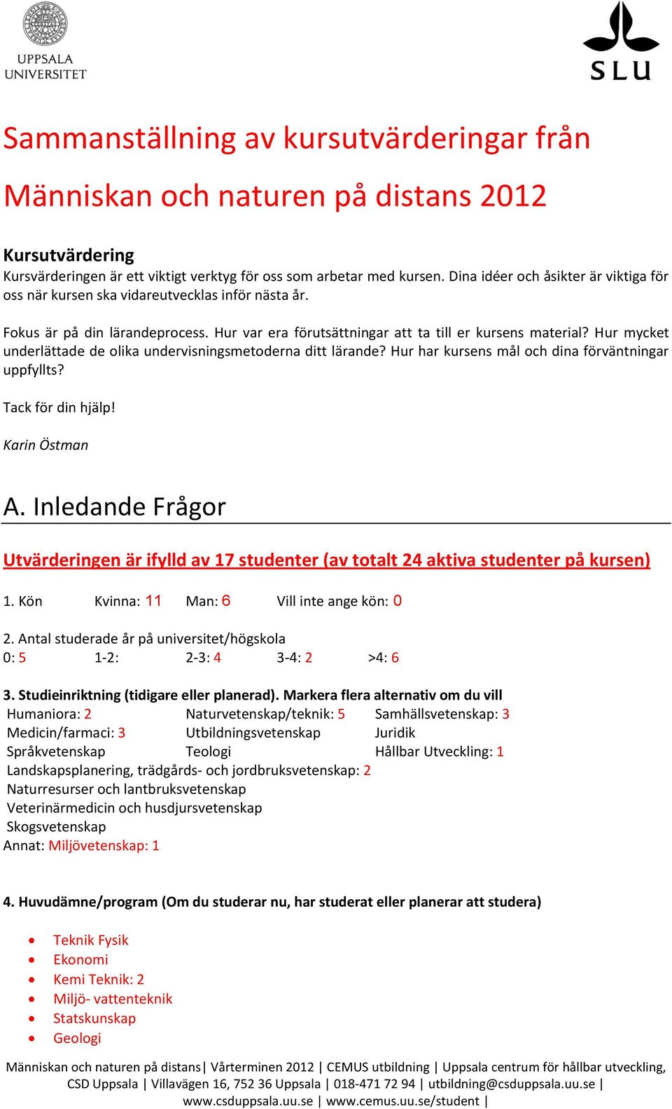 Hur mycket underlättade de olika undervisningsmetoderna ditt lärande? Hur har kursens mål och dina förväntningar uppfyllts? Tack för din hjälp! Karin Östman A.