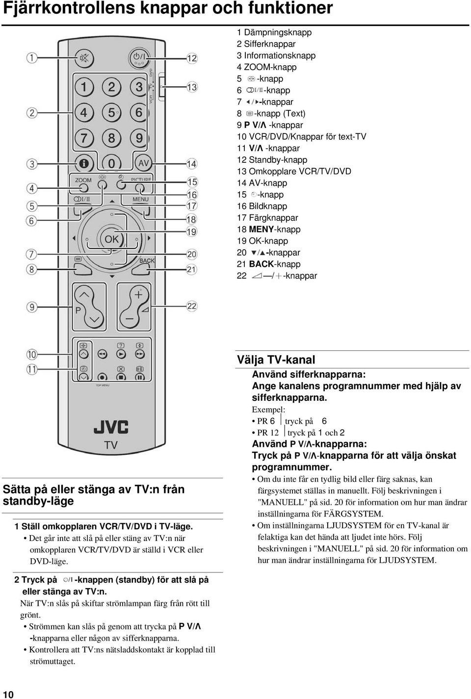 TV:n från standby-läge 1 Ställ omkopplaren VCR/TV/DVD i TV-läge. Det går inte att slå på eller stäng av TV:n när omkopplaren VCR/TV/DVD är ställd i VCR eller DVD-läge.