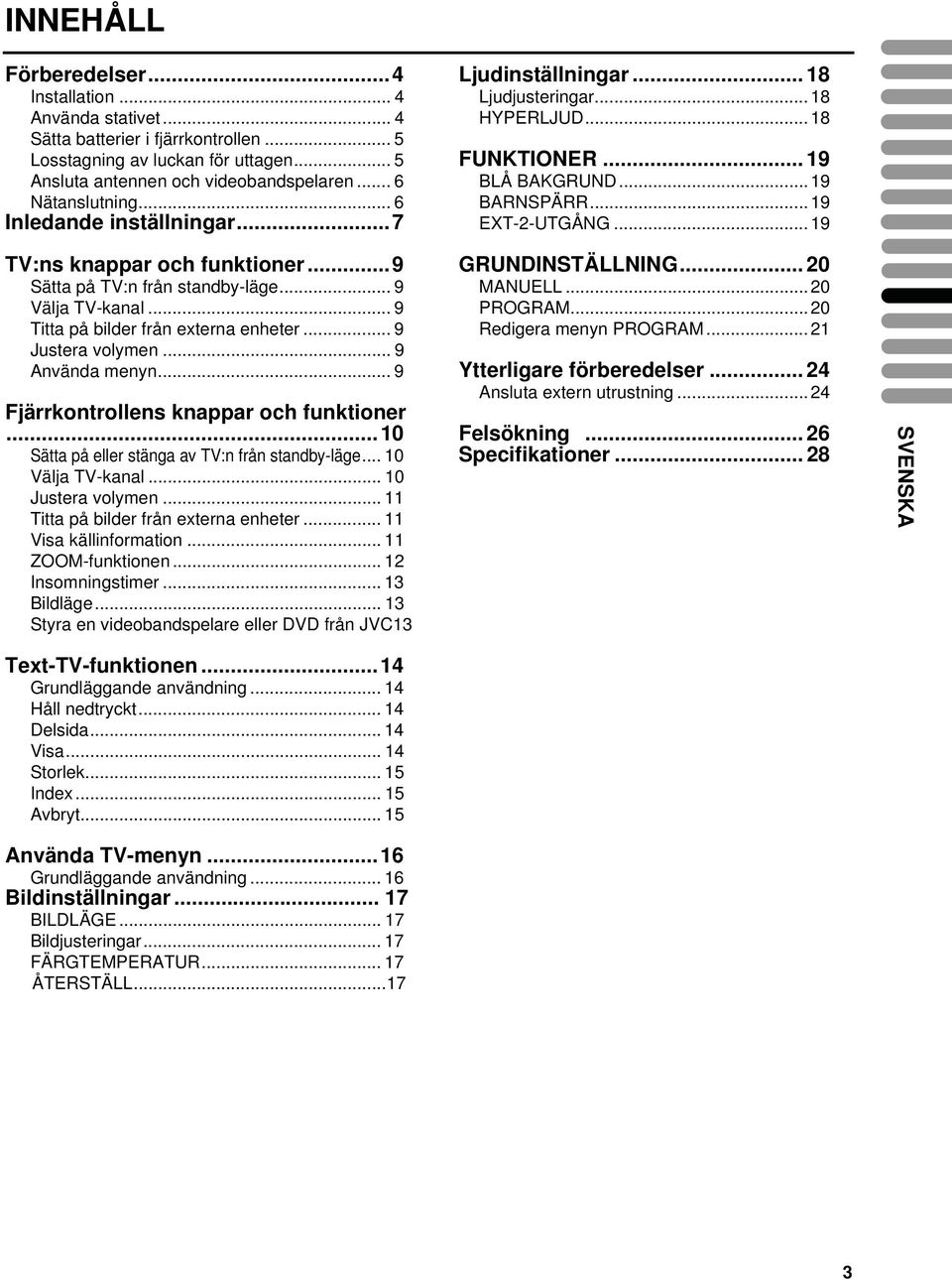 .. 19 TV:ns knappar och funktioner...9 Sätta på TV:n från standby-läge... 9 Välja TV-kanal... 9 Titta på bilder från externa enheter... 9 Justera volymen... 9 Använda menyn.