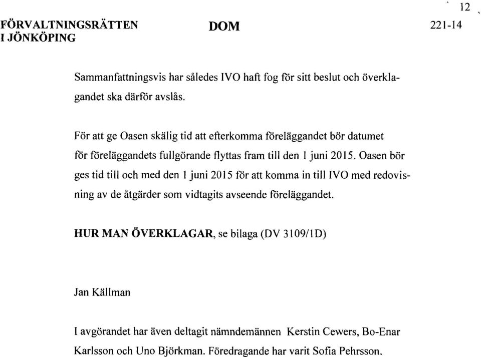 Oasen bör ges tid till och med den 1 juni 2015 för att komma in till IVO med redovisning av de åtgärder som vidtagits avseende föreläggandet.