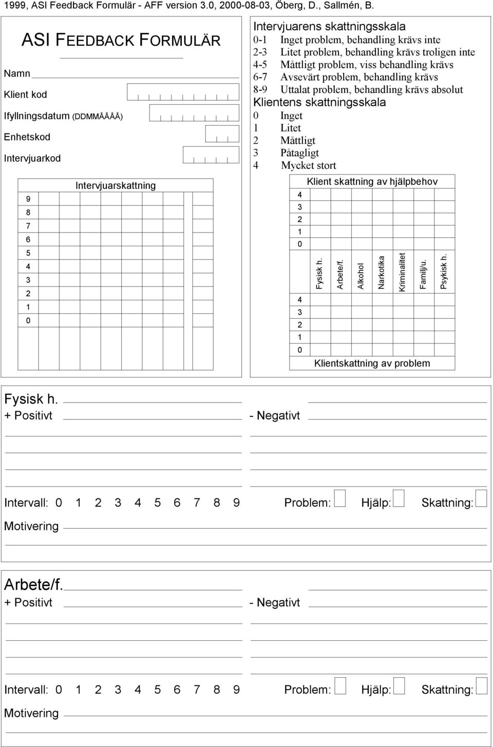 2-3 Litet problem, behandling krävs troligen inte 4-5 Måttligt problem, viss behandling krävs 6-7 Avsevärt problem, behandling krävs 8-9 Uttalat problem, behandling krävs absolut Klientens