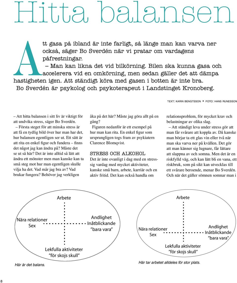 Bo sverdén är psykolog och psykoterapeut i landstinget kronoberg. text: karin bengtsson foto: hans runesson Att hitta balansen i sitt liv är viktigt för att undvika stress, säger Bo Sverdén.