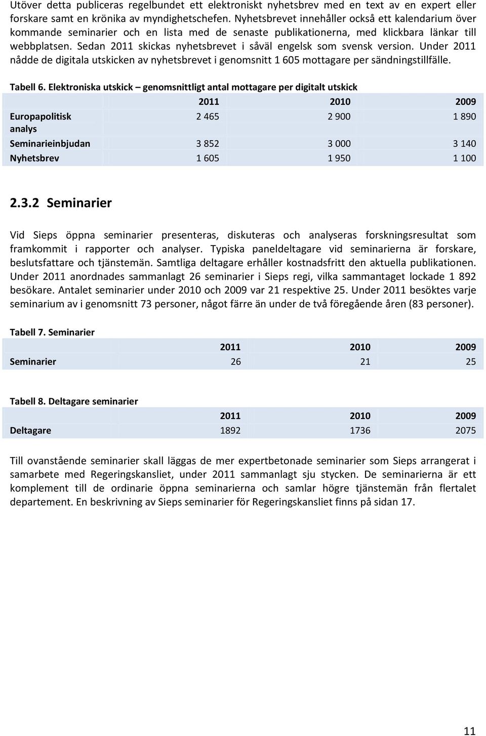 Sedan 2011 skickas nyhetsbrevet i såväl engelsk som svensk version. Under 2011 nådde de digitala utskicken av nyhetsbrevet i genomsnitt 1 605 mottagare per sändningstillfälle. Tabell 6.