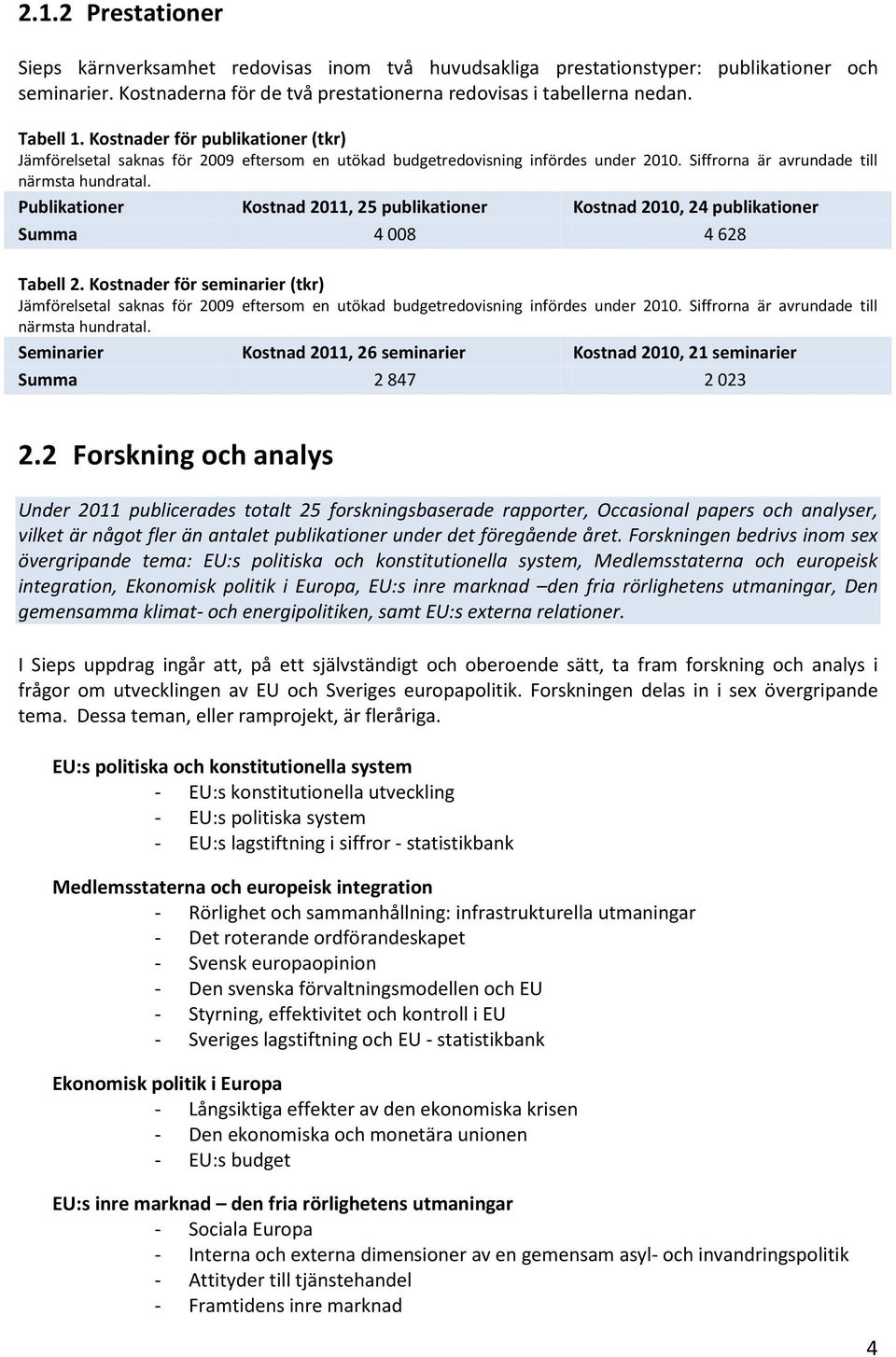 Publikationer Kostnad 2011, 25 publikationer Kostnad 2010, 24 publikationer Summa 4 008 4 628 Tabell 2.