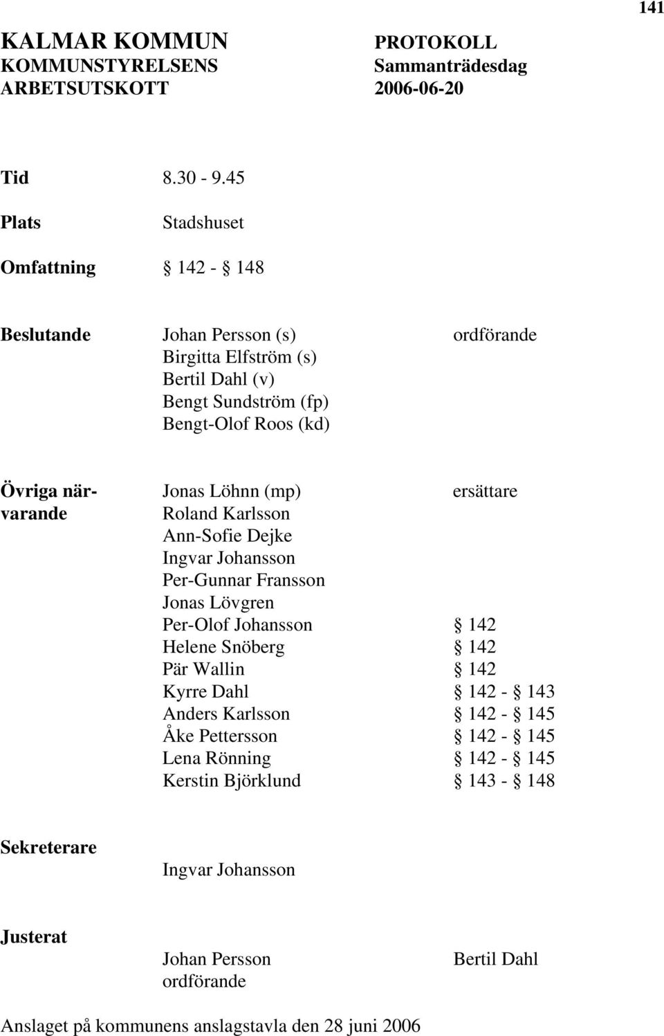 Jonas Löhnn (mp) ersättare varande Roland Karlsson Ann-Sofie Dejke Ingvar Johansson Per-Gunnar Fransson Jonas Lövgren Per-Olof Johansson 142 Helene Snöberg 142 Pär