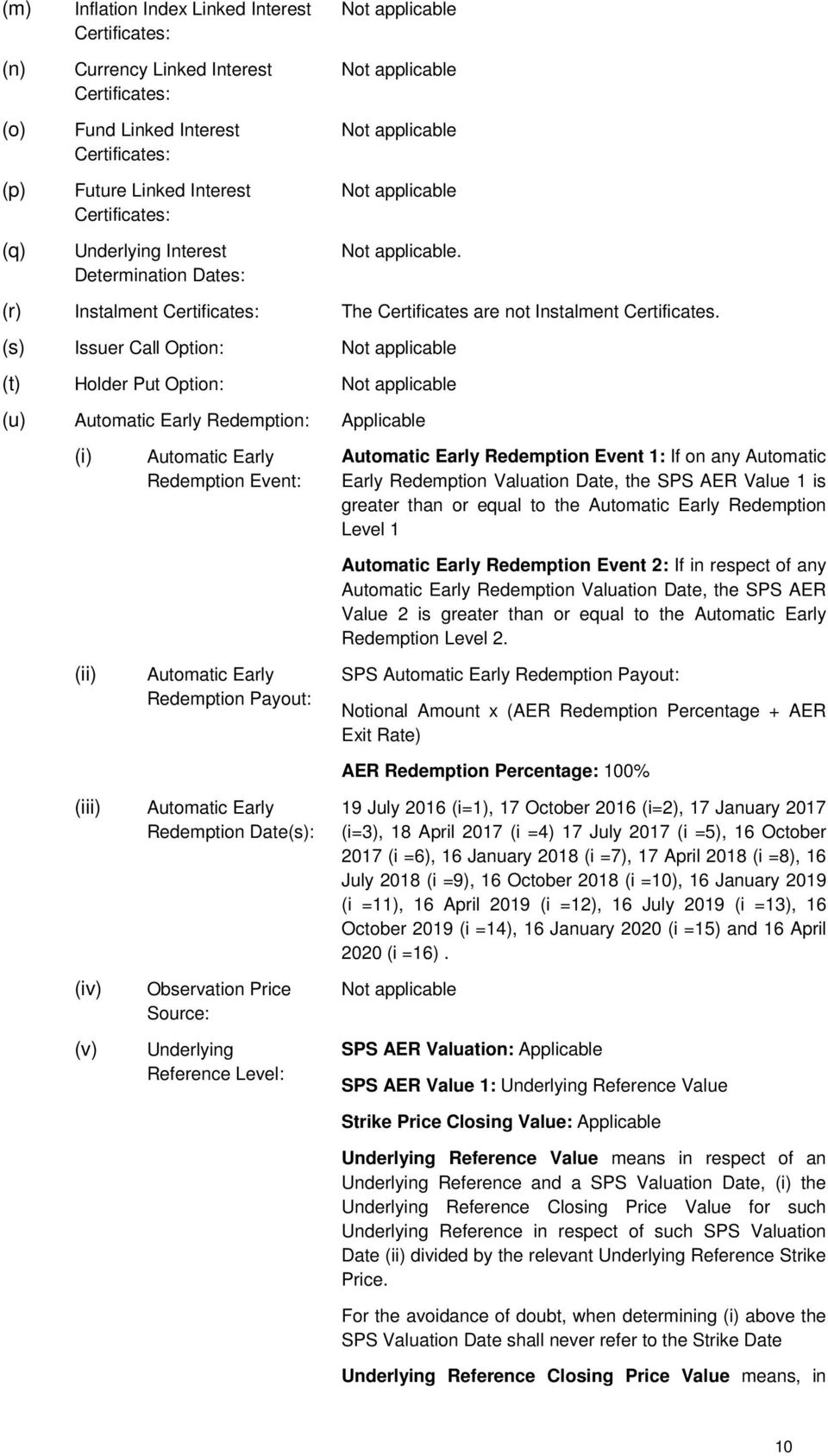 (s) Issuer Call Option: (t) Holder Put Option: (u) Automatic Early Redemption: (i) Automatic Early Redemption Event: Applicable Automatic Early Redemption Event 1: If on any Automatic Early