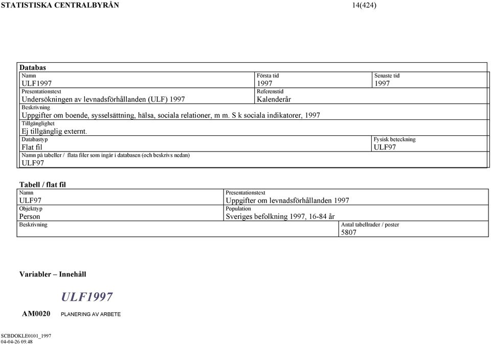 Databastyp Flat fil Namn på tabeller / flata filer som ingår i databasen (och beskrivs nedan) ULF97 Senaste tid 1997 Fysisk beteckning ULF97 Tabell / flat fil Namn ULF97