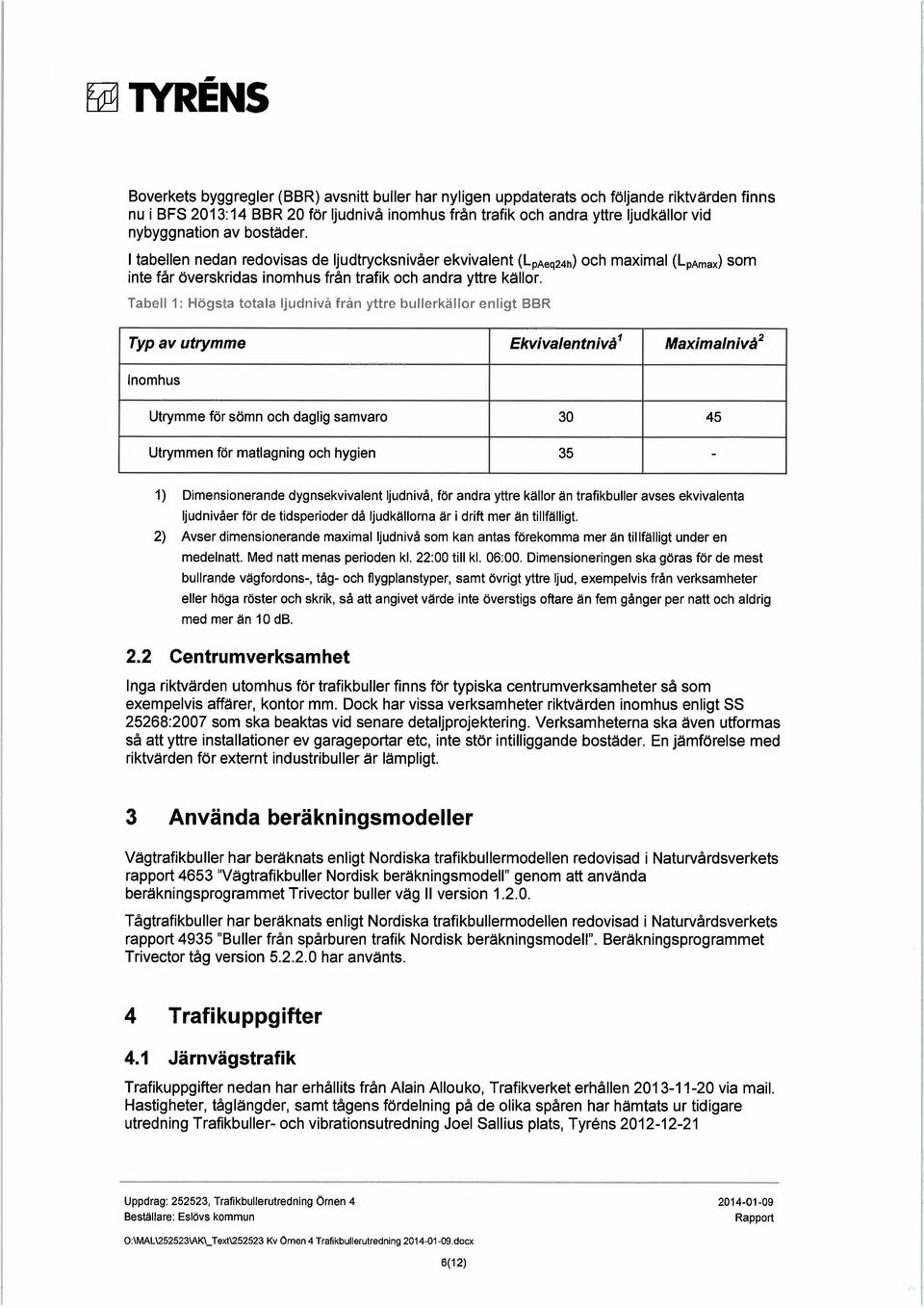 Tabell 1: Hogsra totala ljudnivå från yttre bullerkällor enligt BBR Typ av uttymme Ekvivalentnivel Maximalnivg Inomhus Utrymme för sömn och daglig samvaro 30 45 Utrymmen för matlagning och hygien 35