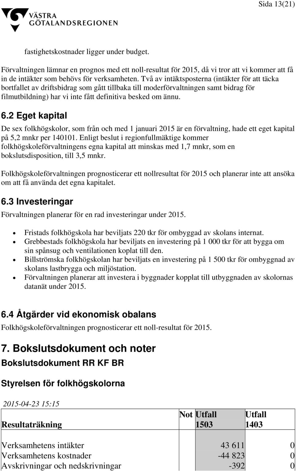 2 Eget kapital De sex folkhögskolor, som från och med 1 januari 2015 är en förvaltning, hade ett eget kapital på 5,2 mnkr per 140101.