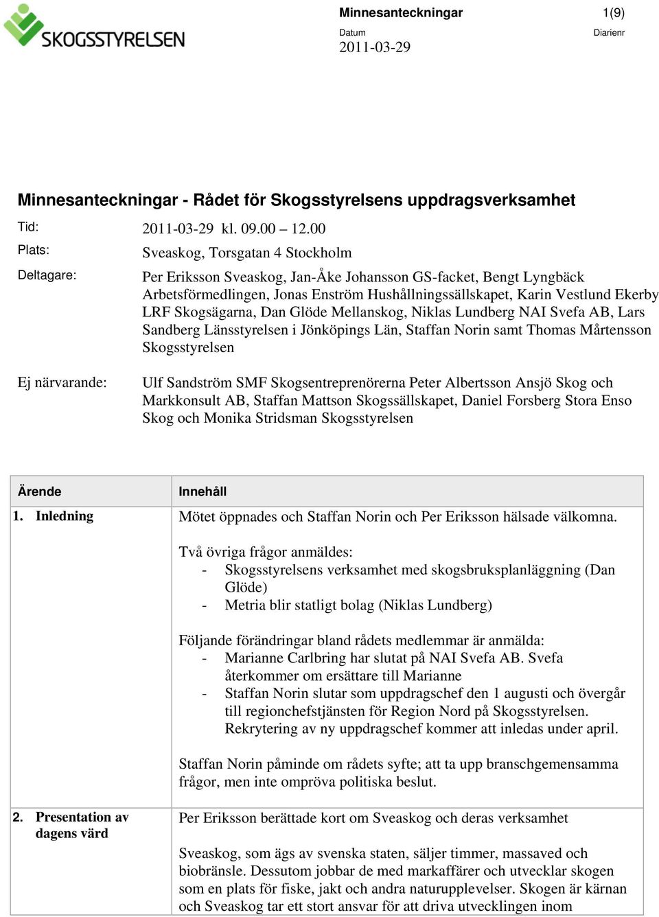 LRF Skogsägarna, Dan Glöde Mellanskog, Niklas Lundberg NAI Svefa AB, Lars Sandberg Länsstyrelsen i Jönköpings Län, Staffan Norin samt Thomas Mårtensson Skogsstyrelsen Ej närvarande: Ulf Sandström SMF