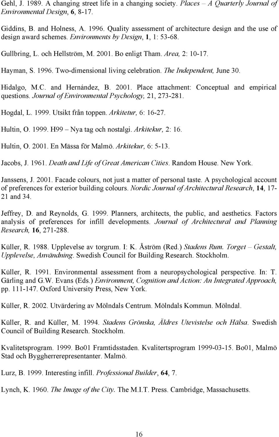 1996. Two-dimensional living celebration. The Independent, June 30. Hidalgo, M.C. and Hernández, B. 2001. Place attachment: Conceptual and empirical questions.