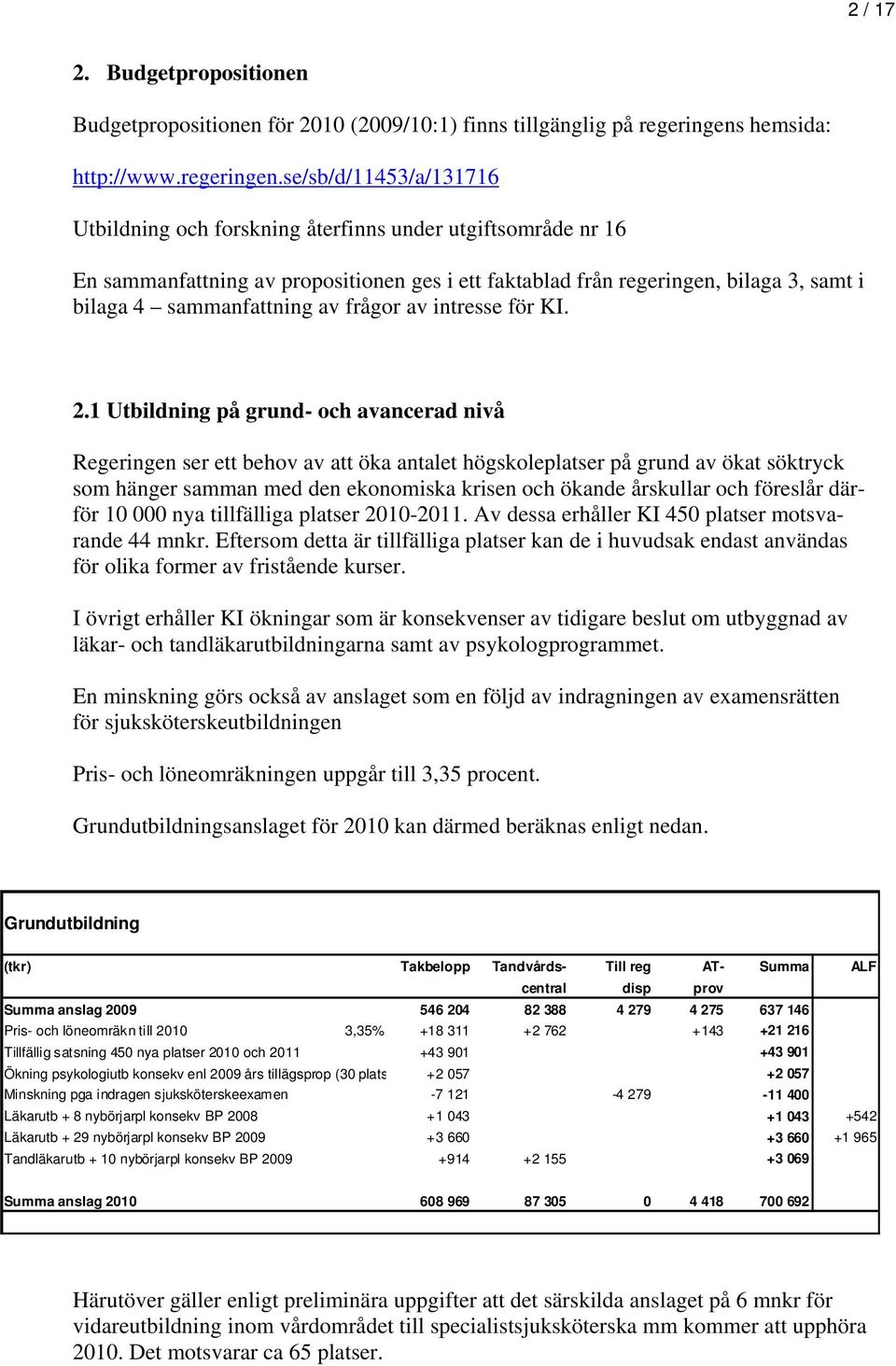 se/sb/d/11453/a/131716 Utbildning och forskning återfinns under utgiftsområde nr 16 En sammanfattning av propositionen ges i ett faktablad från regeringen, bilaga 3, samt i bilaga 4 sammanfattning av