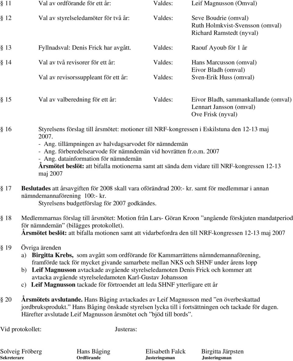 Valdes: Raouf Ayoub för 1 år 14 Val av två revisorer för ett år: Valdes: Hans Marcusson (omval) Eivor Bladh (omval) Val av revisorssuppleant för ett år: Valdes: Sven-Erik Huss (omval) 15 Val av