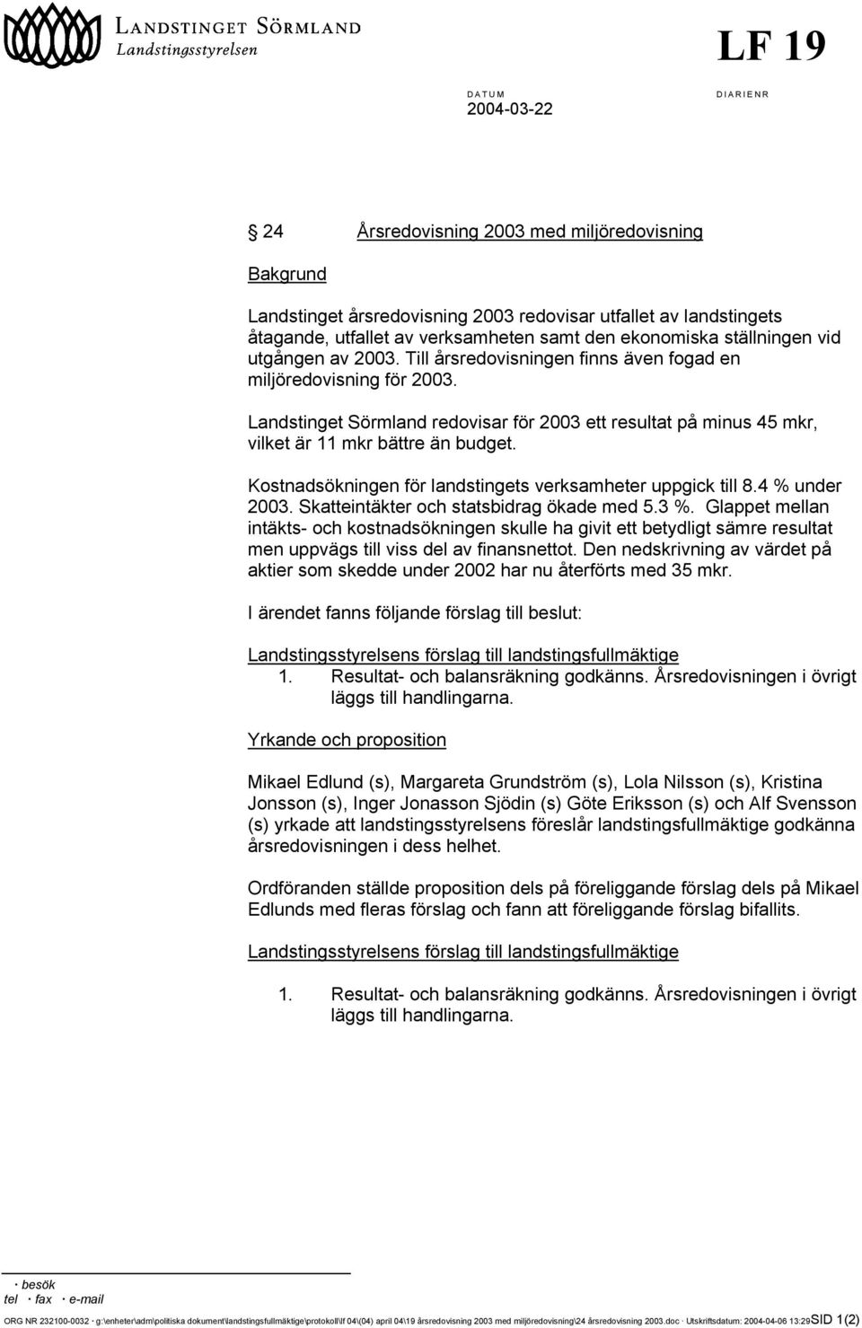 Landstinget Sörmland redovisar för 2003 ett resultat på minus 45 mkr, vilket är 11 mkr bättre än budget. Kostnadsökningen för landstingets verksamheter uppgick till 8.4 % under 2003.