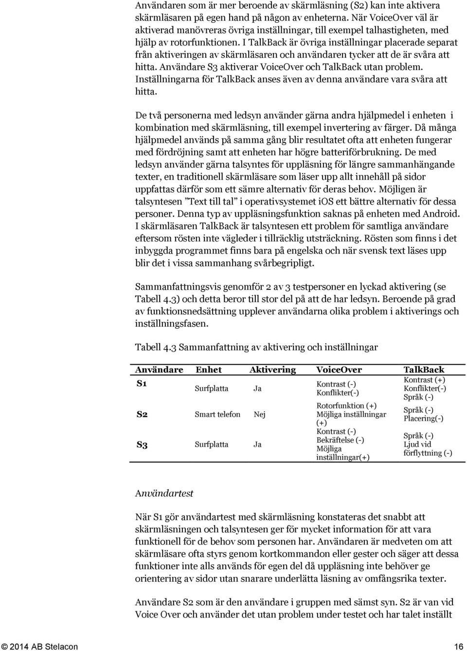 I TalkBack är övriga inställningar placerade separat från aktiveringen av skärmläsaren och användaren tycker att de är svåra att hitta. Användare S3 aktiverar VoiceOver och TalkBack utan problem.