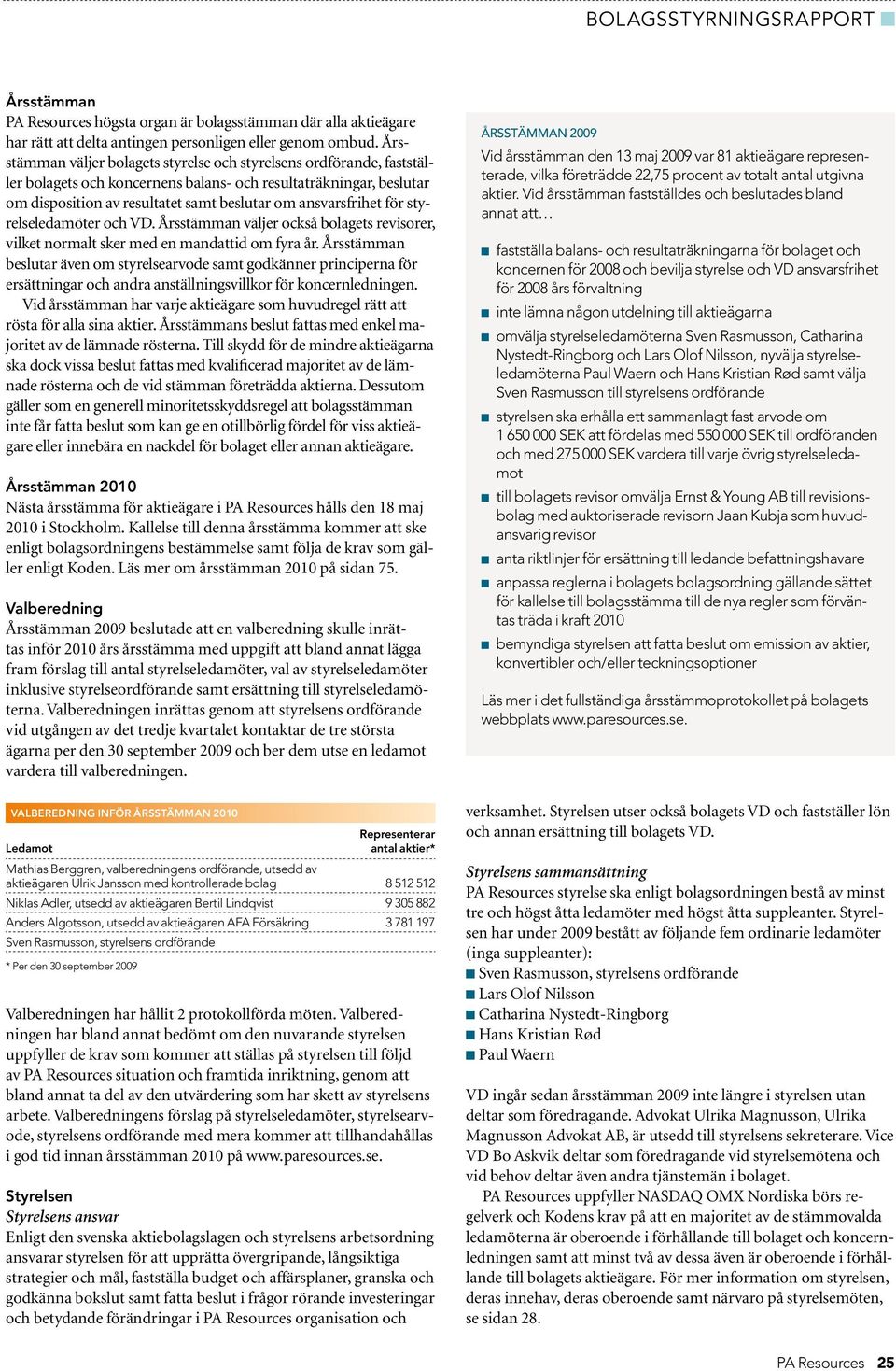 för styrelseledamöter och VD. Årsstämman väljer också bolagets revisorer, vilket normalt sker med en mandattid om fyra år.