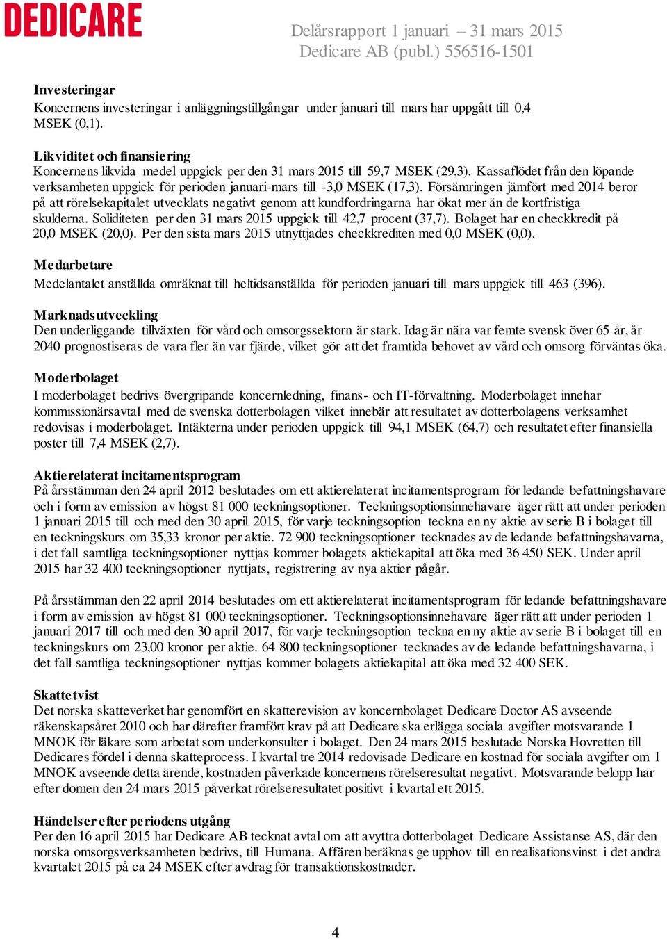 Kassaflödet från den löpande verksamheten uppgick för perioden januari-mars till -3,0 MSEK (17,3).