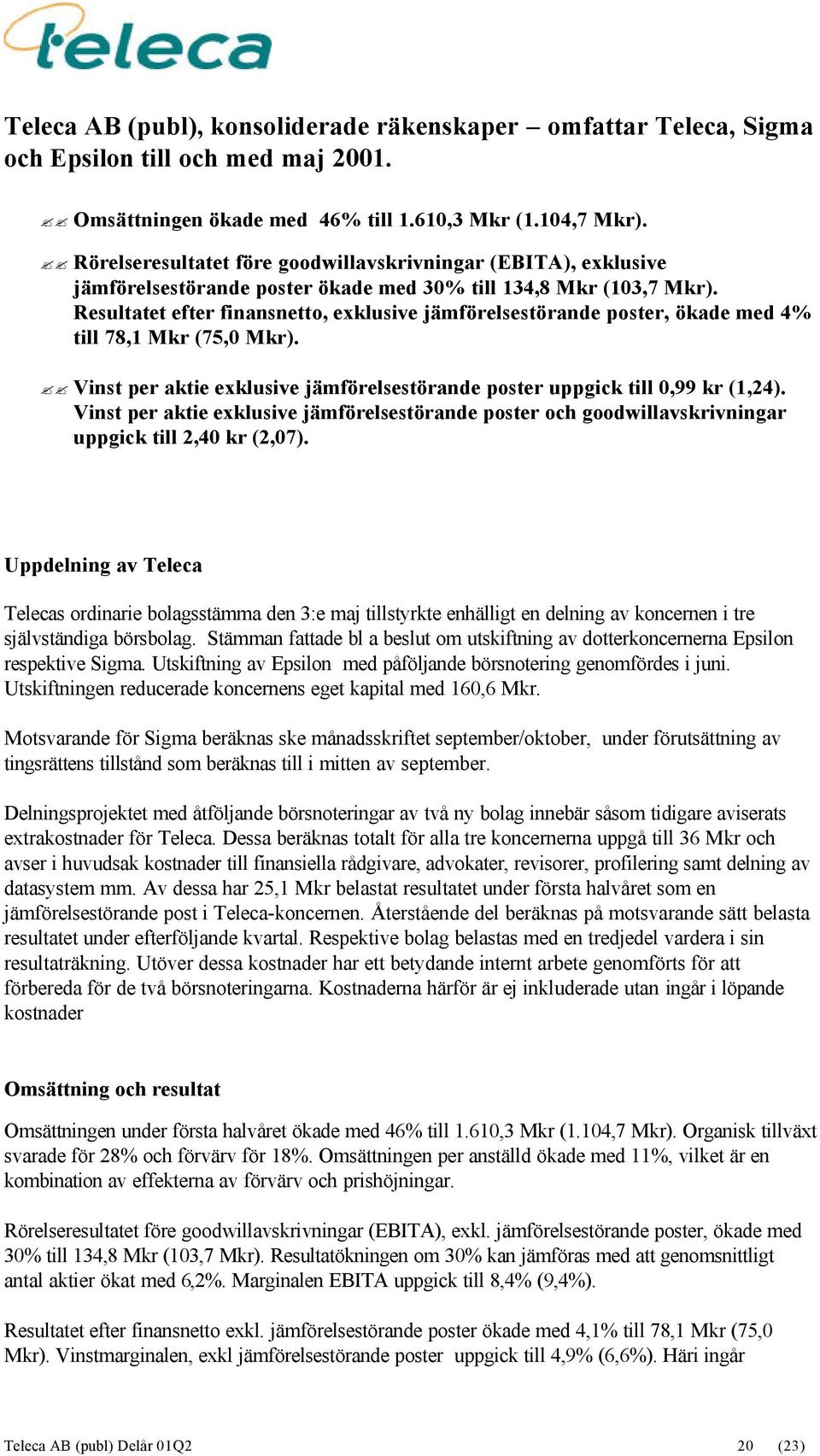 Resultatet efter finansnetto, exklusive jämförelsestörande poster, ökade med 4% till 78,1 Mkr (75,0 Mkr). Vinst per aktie exklusive jämförelsestörande poster uppgick till 0,99 kr (1,24).