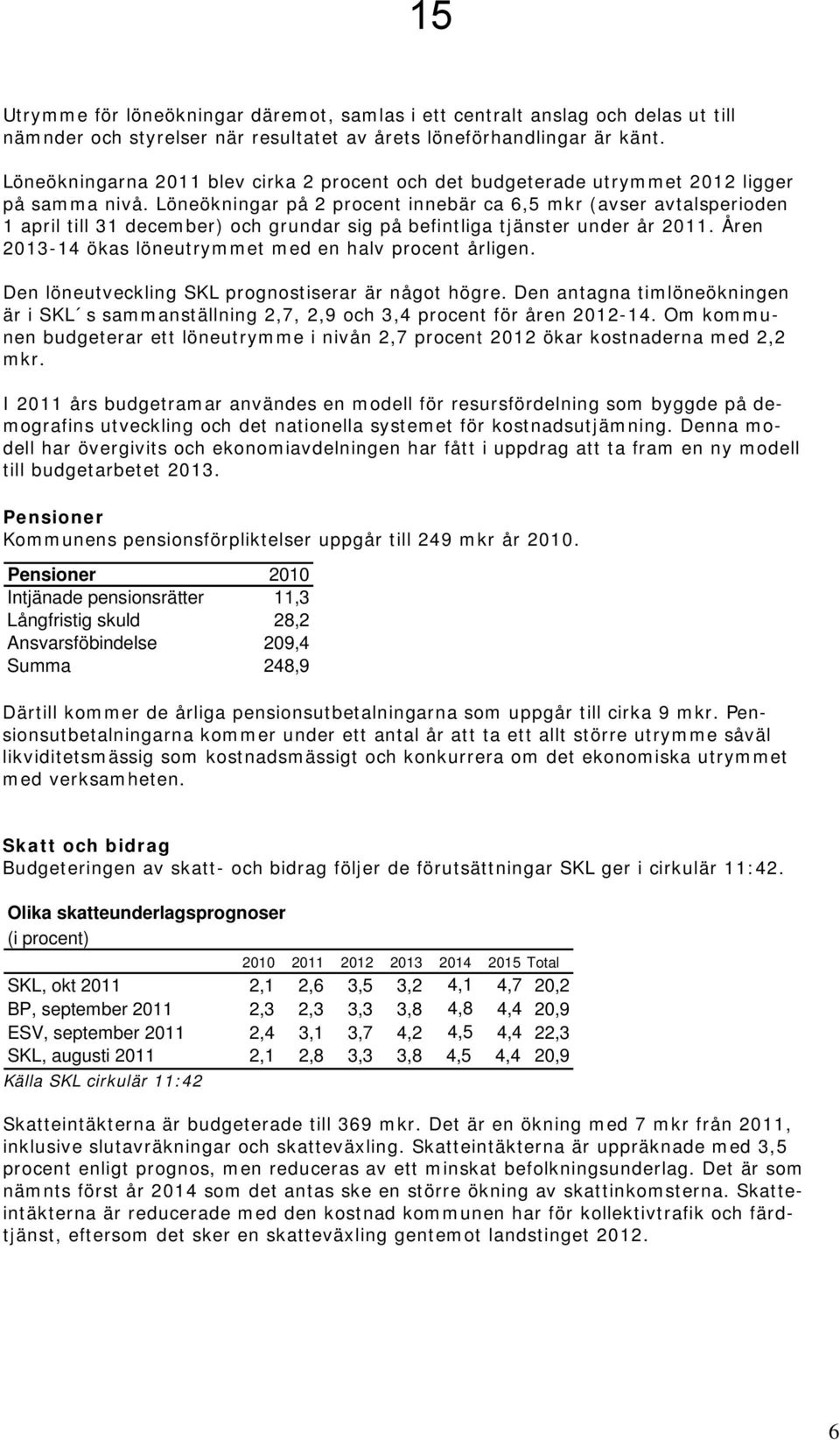 Löneökningar på 2 procent innebär ca 6,5 mkr (avser avtalsperioden 1 april till 31 december) och grundar sig på befintliga tjänster under år 2011.