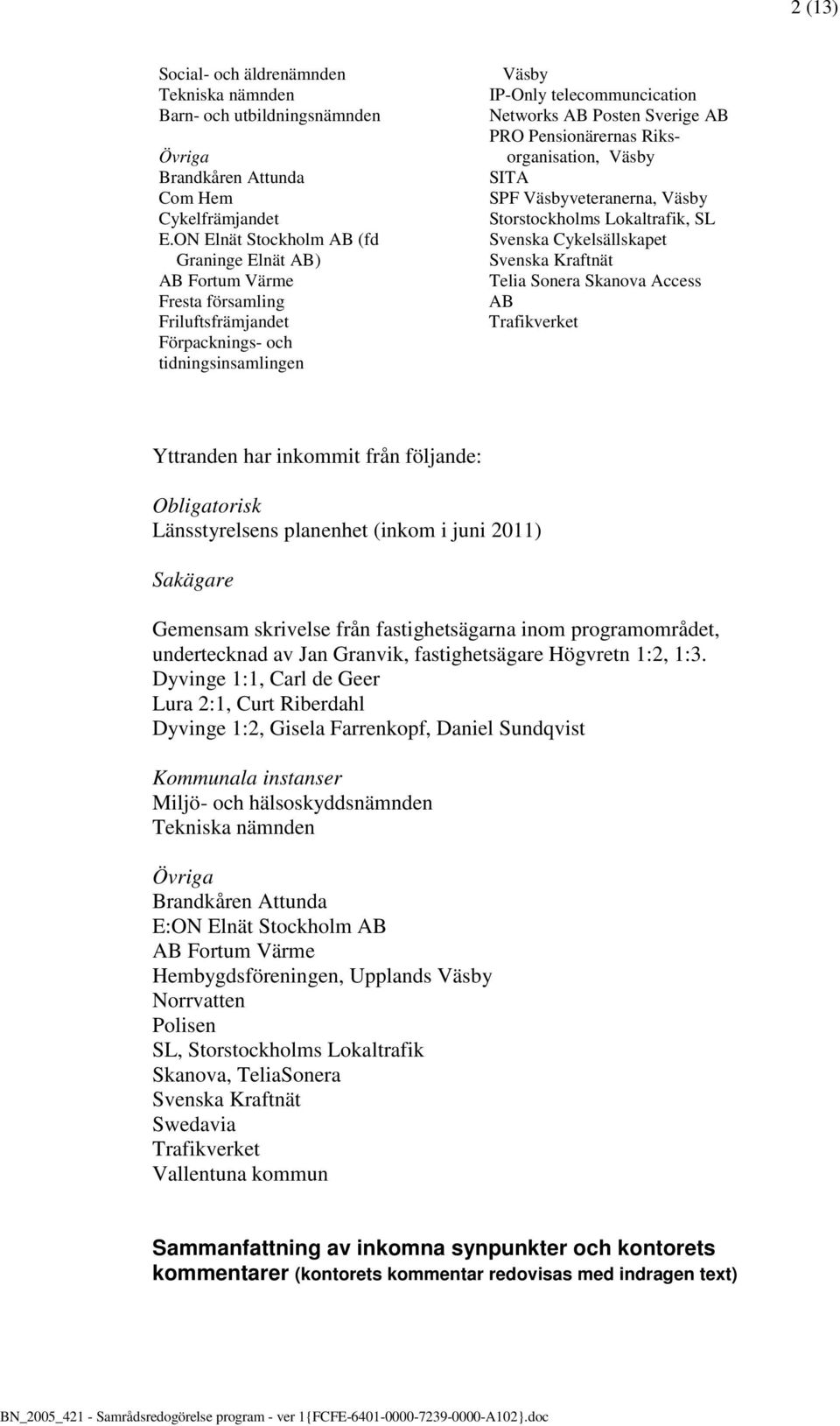 PRO Pensionärernas Riksorganisation, Väsby SITA SPF Väsbyveteranerna, Väsby Storstockholms Lokaltrafik, SL Svenska Cykelsällskapet Svenska Kraftnät Telia Sonera Skanova Access AB Trafikverket