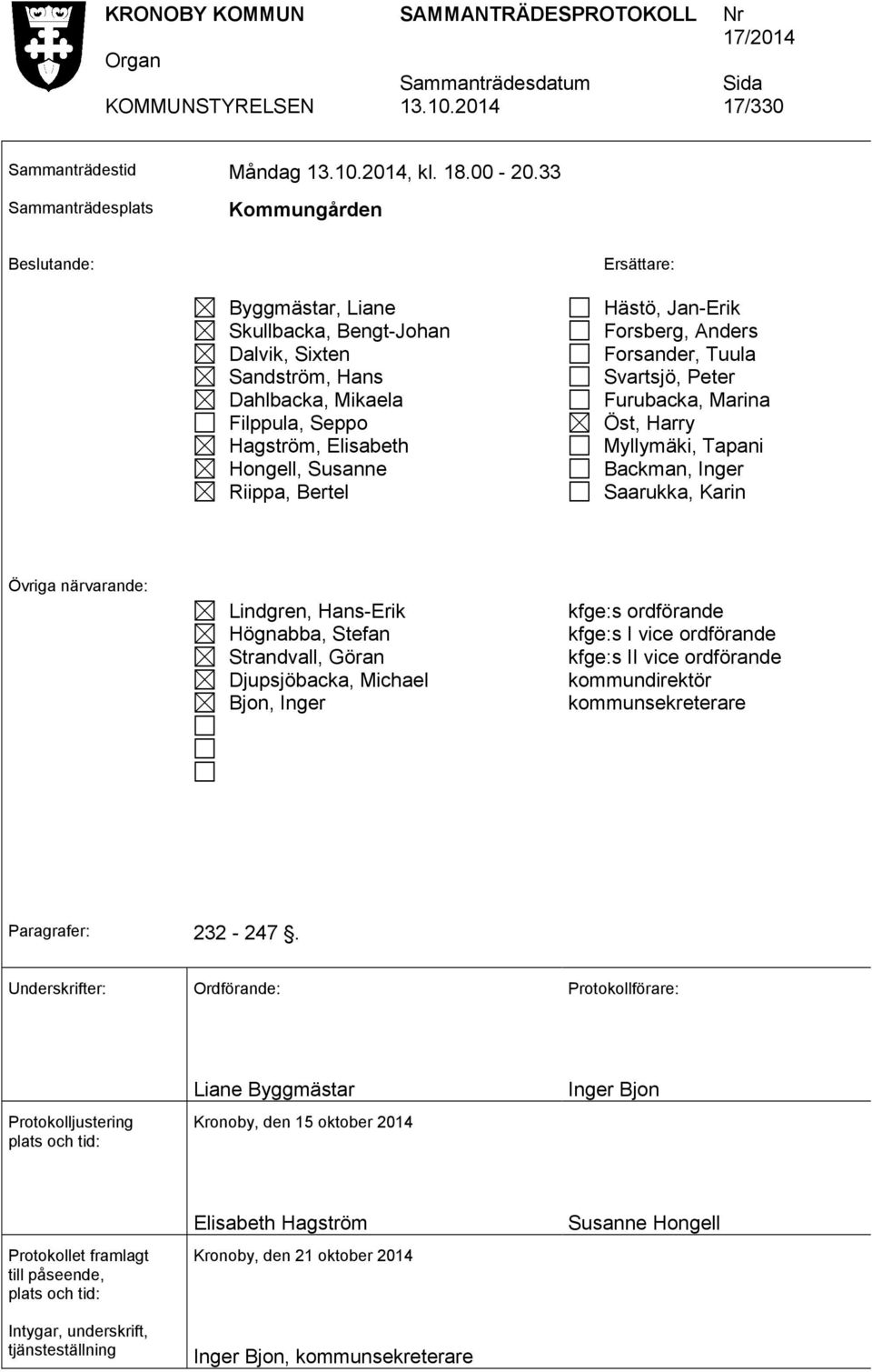 Susanne Riippa, Bertel Hästö, Jan-Erik Forsberg, Anders Forsander, Tuula Svartsjö, Peter Furubacka, Marina Öst, Harry Myllymäki, Tapani Backman, Inger Saarukka, Karin Övriga närvarande: Lindgren,