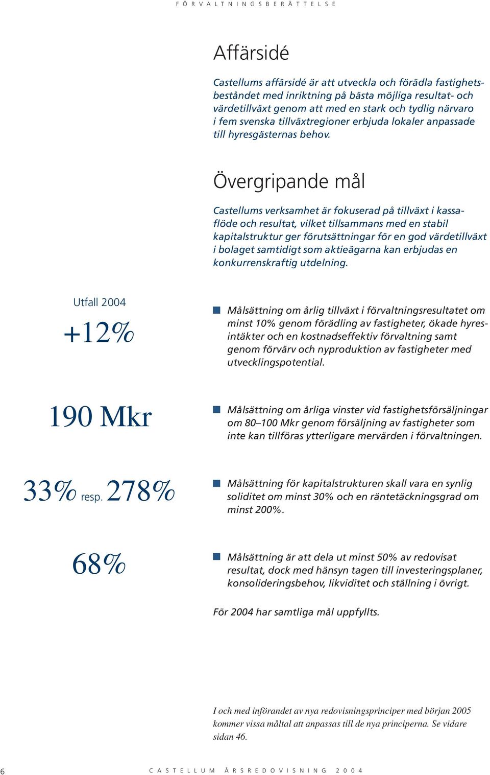 Övergripande mål Castellums verksamhet är fokuserad på tillväxt i kassaflöde och resultat, vilket tillsammans med en stabil kapitalstruktur ger förutsättningar för en god värdetillväxt i bolaget