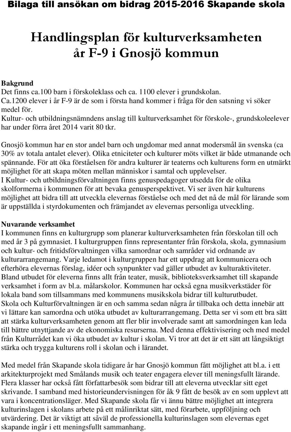 Kultur- och utbildningsnämndens anslag till kulturverksamhet för förskole-, grundskoleelever har under förra året 2014 varit 80 tkr.