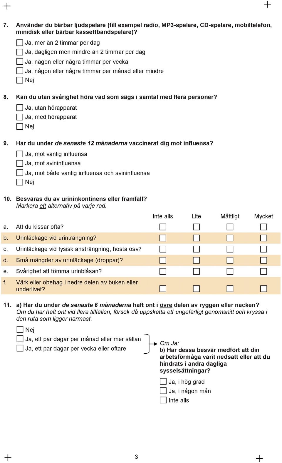 Kan du utan svighet höra vad som sägs i samtal med flera personer?, utan hörapparat, med hörapparat 9. Har du under de senaste 12 månaderna vaccinerat dig mot influensa?