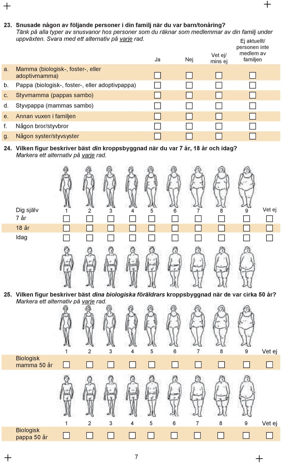 Pappa (biologisk-, foster-, eller adoptivpappa) c. Styvmamma (pappas sambo) d. Styvpappa (mammas sambo) e. Annan vuxen i familjen f. Någon bror/styvbror g. Någon syster/styvsyster 24.