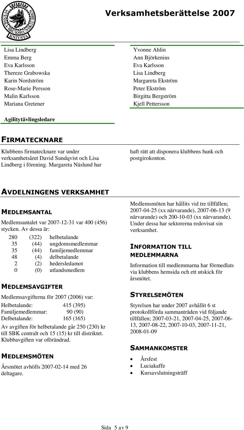 Margareta Näslund har haft rätt att disponera klubbens bank och postgirokonton. AVDELNINGENS VERKSAMHET MEDLEMSANTAL Medlemsantalet var 2007-12-31 var 400 (456) stycken.