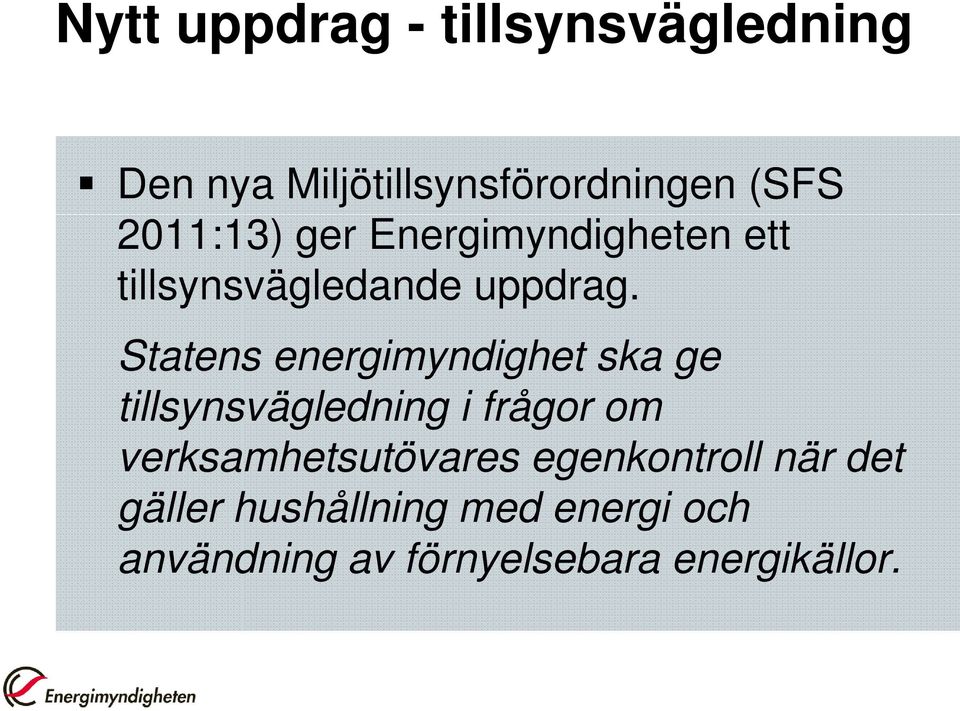 Statens energimyndighet ska ge tillsynsvägledning i frågor om